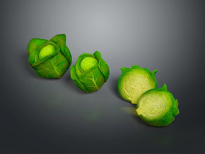 Fresh Green Cabbage Vegetables Whole And Sliced On Dark Background 3d model