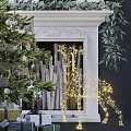 Festive Christmas Decoration Scene With Decorated Tree Fireplace Gifts And Garland Lights