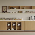 Modern Kitchen Interior With Wooden Cabinets Shelves Tableware Fruits And Coffee Machine