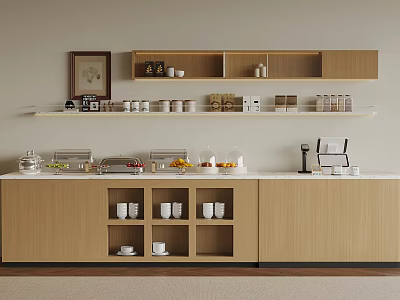 Modern Kitchen Interior With Wooden Cabinets Shelves Tableware Fruits And Coffee Machine 3d model