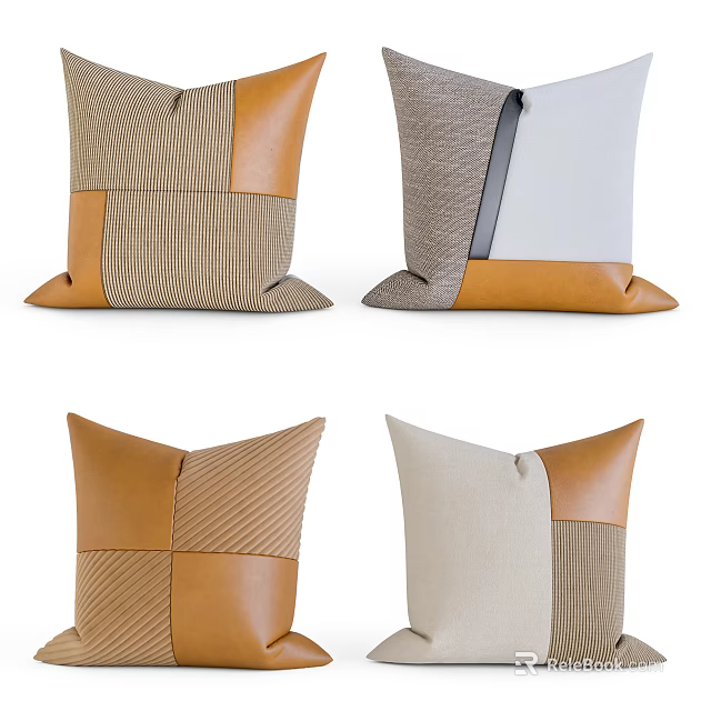 Modern Patchwork Throw Pillows With Leather Fabric Striped Panels And Neutral Tones 3d model