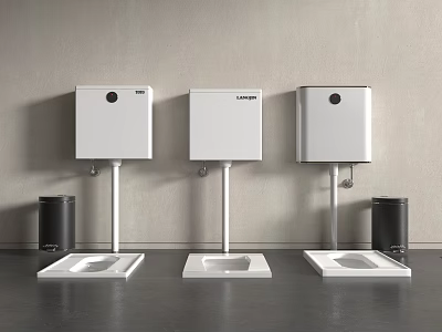 Three White Toilets With Wall Mounted Cisterns Black Trash Bins Against Gray Wall Dark Floor 3d model