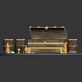 Open Treasure Chest With Gold Coins Wooden Barrels Burning Torches On Stone Platform