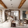 Loft Living Room Interior With Wooden Beams And City View