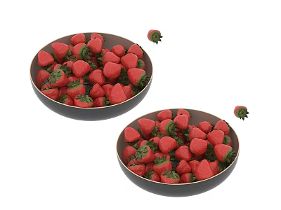 Fresh Red Strawberries In Two Black Bowls With Scattered Berries On White Background 3d model
