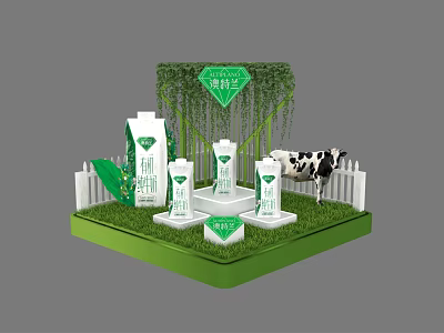 Commercial Milk Product Display Stand with Milk Cartons Cow Model White Fence and Green Plants 3d model