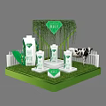 Commercial Milk Product Display Stand with Milk Cartons Cow Model White Fence and Green Plants