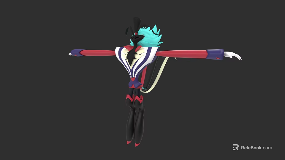 Game and Movie Character With Teal Hair Black Body And Red White Blue Striped Outfit 3d model 