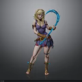 Fantasy Woman in Purple Outfit Holding Blue Curved Weapon with Decorative Boots