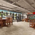 Industrial Style Hot Pot Restaurant Interior With Loft Design Wooden Tables Red Blue Crates