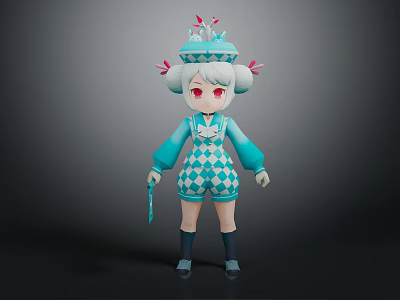Cute Cartoon 3D Game Character With Pink Hair Blue Hat Diamond Pattern Outfit And Staff 3d model