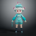 Cute Cartoon 3D Game Character With Pink Hair Blue Hat Diamond Pattern Outfit And Staff