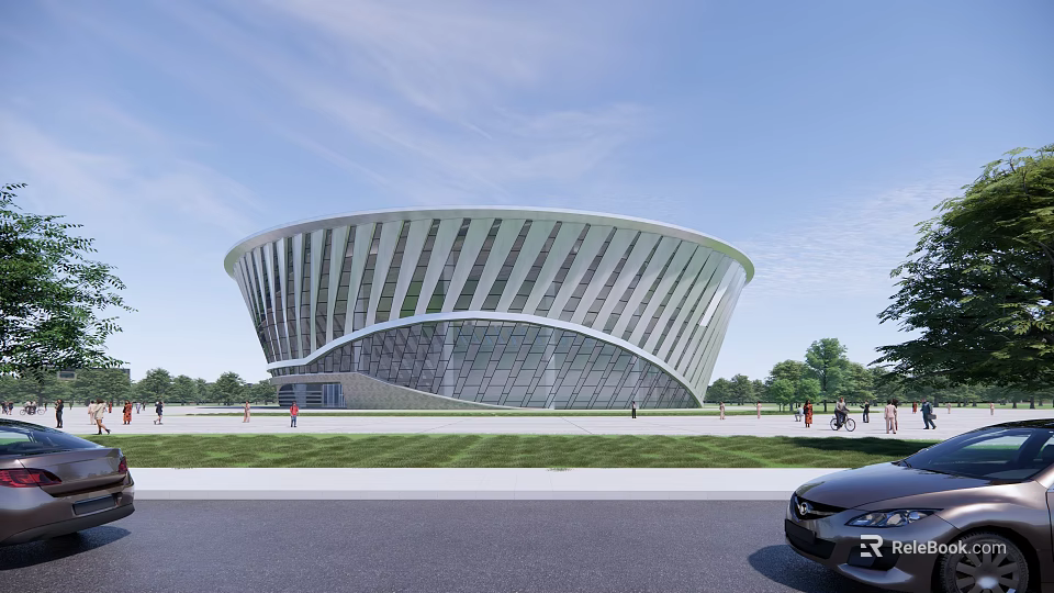 Modern Curved Building With Glass Facade And Metal Structure Surrounded By Lawn Trees 3d model 