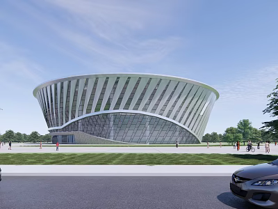 Modern Curved Building With Glass Facade And Metal Structure Surrounded By Lawn Trees 3d model