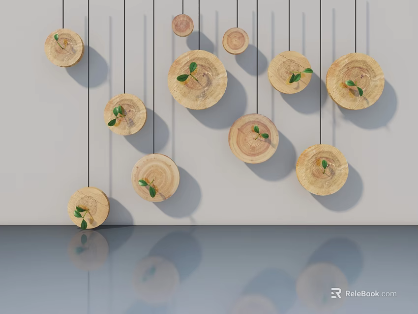 Hinged Door With Hanging Circular Wooden Slices Small Green Leaves White Wall 3d model 