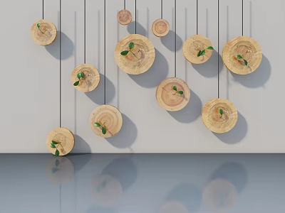 Hinged Door With Hanging Circular Wooden Slices Small Green Leaves White Wall 3d model