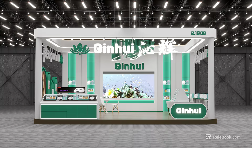 Qinhui Brand Exhibition Booth With White Green Decor Display Cabinets And Floral Decorations 3d model 
