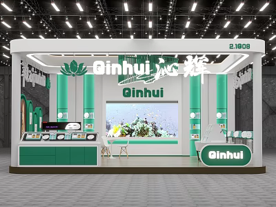 Qinhui Brand Exhibition Booth With White Green Decor Display Cabinets And Floral Decorations 3d model