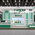Qinhui Brand Exhibition Booth With White Green Decor Display Cabinets And Floral Decorations