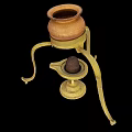 Traditional Terracotta Container On Golden Metal Stand With Curved Legs And Round Base