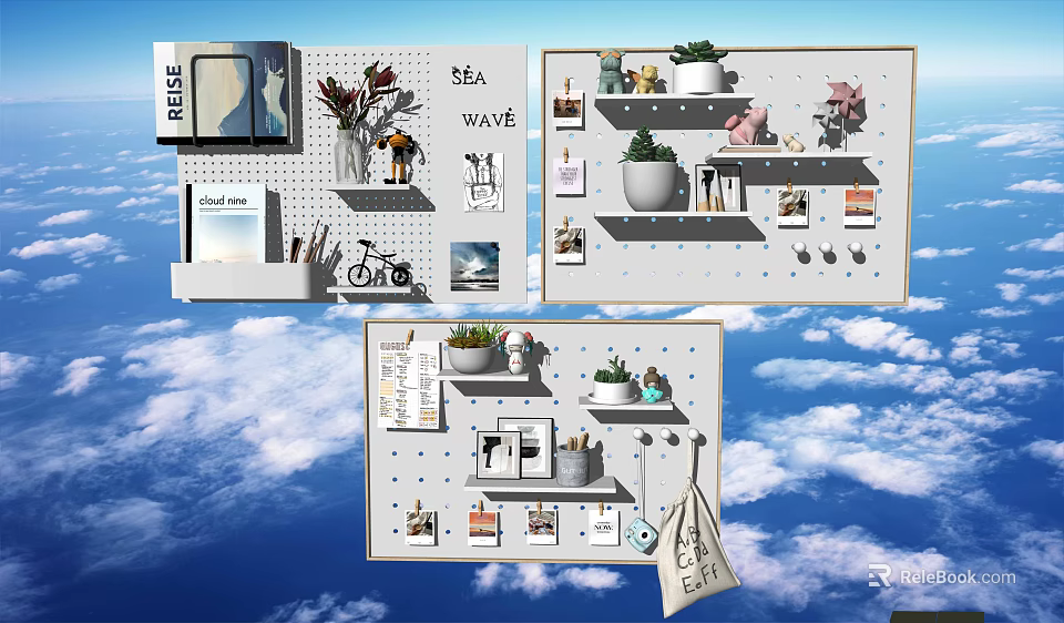 Stylish Wall Decor with Wall-Mounted Boards Plants Decorative Items and Hangers 3d model 