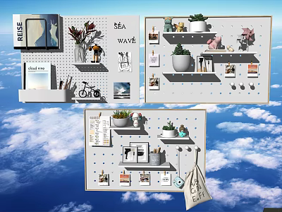 Stylish Wall Decor with Wall-Mounted Boards Plants Decorative Items and Hangers 3d model