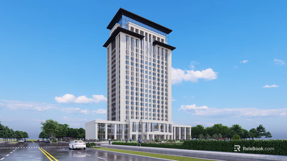 Modern High Rise Sales Office Building With White Facade Black Roof And Greenery 3d model 