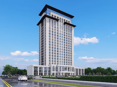 Modern High Rise Sales Office Building With White Facade Black Roof And Greenery 3d model