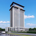 Modern High Rise Sales Office Building With White Facade Black Roof And Greenery