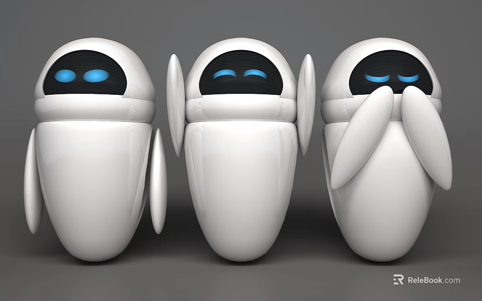 Three White Smart Machines with Black Heads Blue Eyes and Rounded Bodies 3d model 