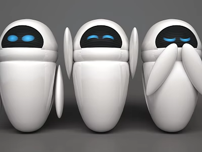 Three White Smart Machines with Black Heads Blue Eyes and Rounded Bodies 3d model