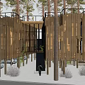 Modern Wooden Building Exterior With Black Frames Glass Windows And Tree Surroundings