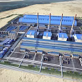 Industrial Plant With Large Blue Roof Structure Surrounding Roads Green Belts And Facilities