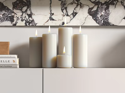 Decorative Ornament Set With Lit Candles Stacked Books And Marble Wall Backdrop On White Cabinet 3d model