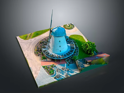 Miniature Scenic Model Featuring Blue Windmill Circular Grassy Area Path Tree And Small Buildings 3d model