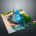 Miniature Scenic Model Featuring Blue Windmill Circular Grassy Area Path Tree And Small Buildings