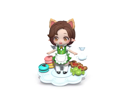 Cute 3D Game Anime Character With Cat Ears Green Maid Outfit And Dessert Vegetable 3d model