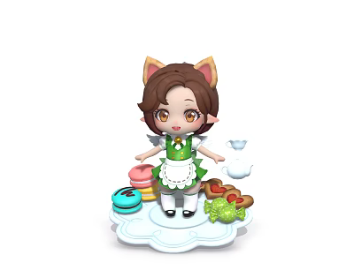 Cute 3D Game Anime Character With Cat Ears Green Maid Outfit And Dessert Vegetable 3d model