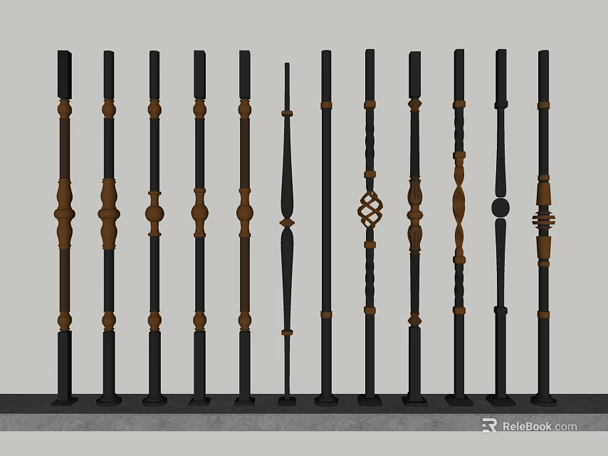 Various Decorative Baluster Styles With Metal And Wooden Ornamental Elements 3d model 