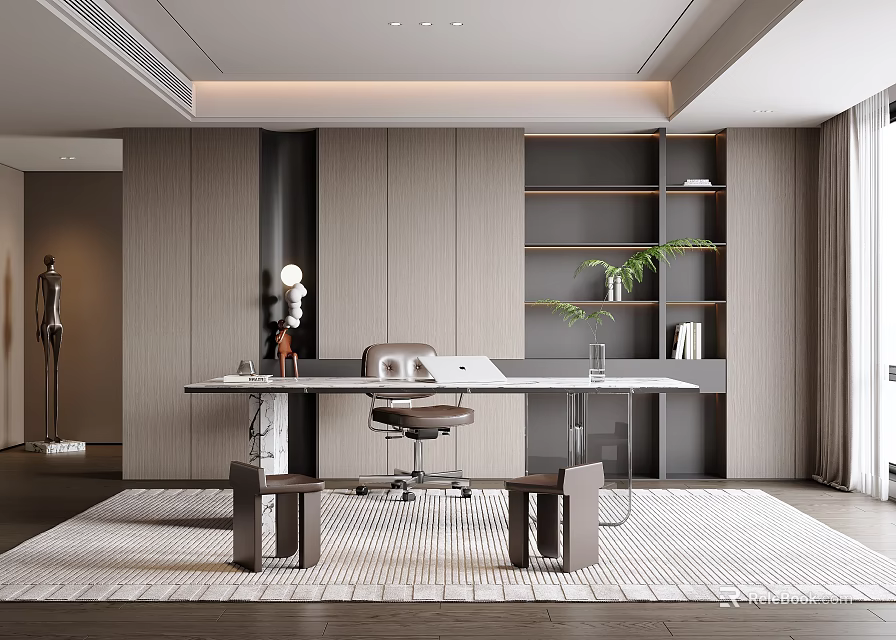 Modern Study Room Interior Design With Wooden Desk Office Chair Bookshelf And Green Plant 3d model 
