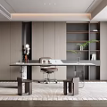 Modern Study Room Interior Design With Wooden Desk Office Chair Bookshelf And Green Plant