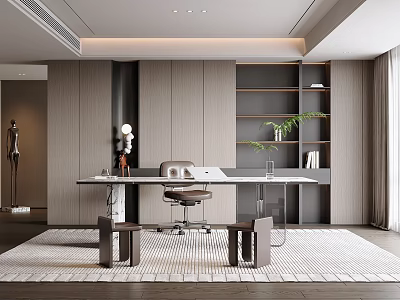 Modern Study Room Interior Design With Wooden Desk Office Chair Bookshelf And Green Plant 3d model