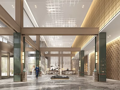 Elegant Luxury Hotel Lobby Interior With Chandelier Marble Floor And Reception Area 3d model