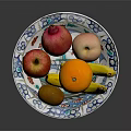 Fresh Assorted Fruits On Blue White Patterned Plate With Apples Oranges Bananas And Kiwi