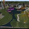 Scenic Amusement Park Featuring Ferris Wheel Purple Egg Structures River Roller Coaster And Green Lawns