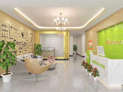 Modern School Lobby With Yellow Walls Green Reception Desk And Design Doodles 3d model