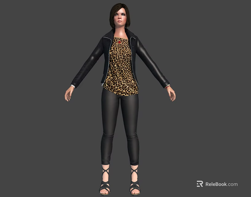 Stylish Woman In Black Leather Jacket Leopard Print Top And Black Leather Pants 3d model 