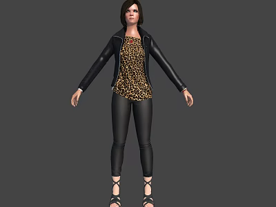 Stylish Woman In Black Leather Jacket Leopard Print Top And Black Leather Pants 3d model