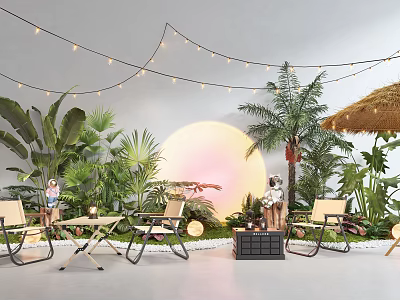 Tropical Garden Landscape With Lush Green Plants Outdoor Seating String Lights And Straw Umbrella 3d model