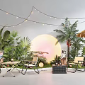 Tropical Garden Landscape With Lush Green Plants Outdoor Seating String Lights And Straw Umbrella